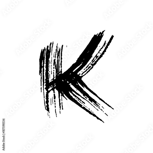 Letter K. Handwritten by dry brush. Rough strokes font. Vector illustration. Grunge style elegant alphabet.