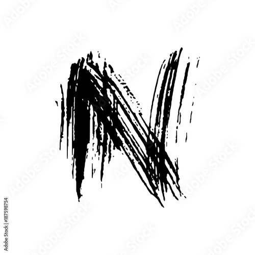 Letter N. Handwritten by dry brush. Rough strokes font. Vector illustration. Grunge style elegant alphabet.