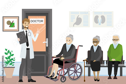Cartoon door to the doctor's office and old people are waiting