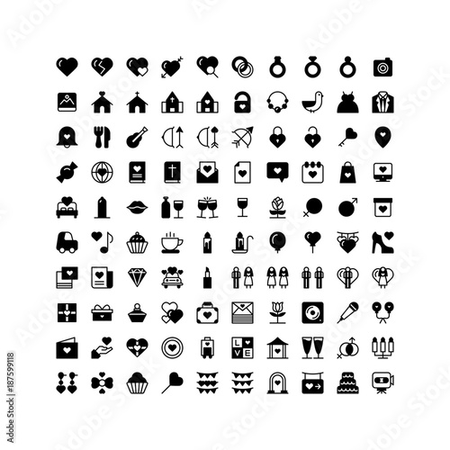 wedding icon set glyph solid vector isolated