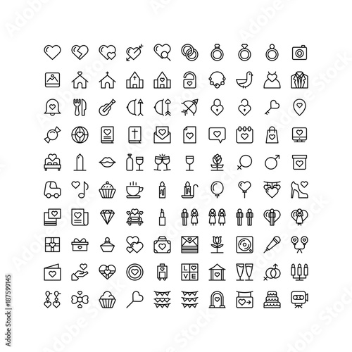 wedding icon set line vector isolated