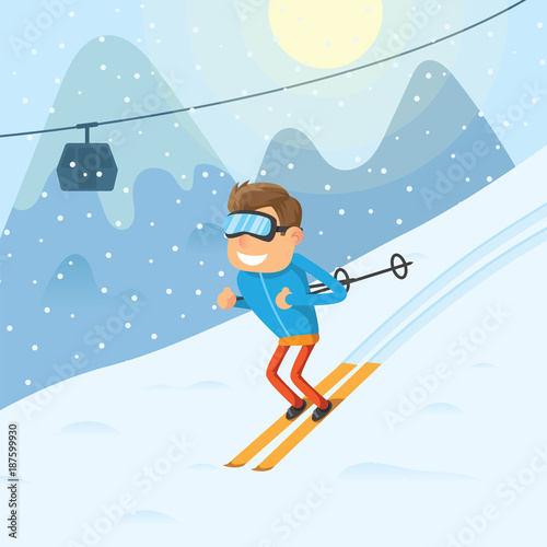 Sports man riding a winter ski on snow slope on background ski resort mountain