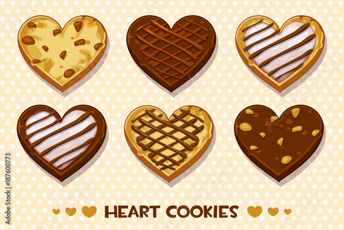 Vector Heart shaped Gingerbread and chocolate cookies, set Happy Valentines day