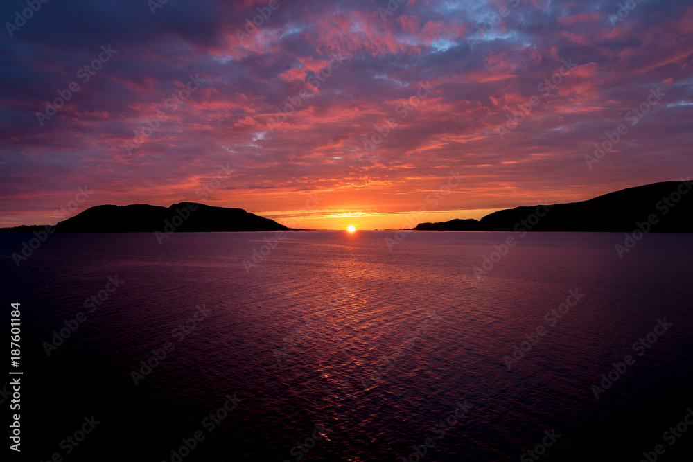 Beautiful, colorful sunset on the west coast of Norway. 