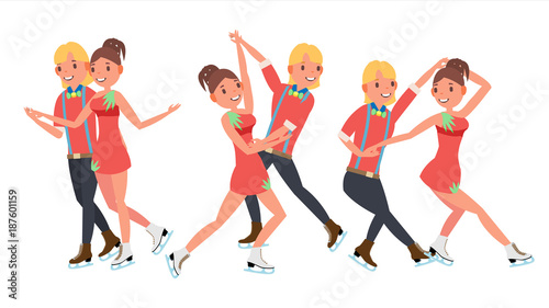 Pair Figure Skating Couple Boy And Girl Vector. Skate Male And Female. Isolated On White Cartoon Character Illustration