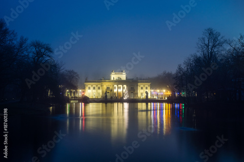 Royal Palace on the Water in Lazienki Park at night in Warsaw, Poland
