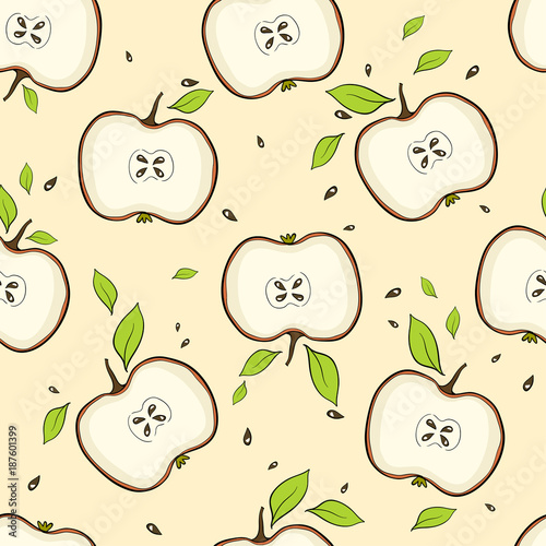 Tiled seamless pattern of cartoon apple slice in modern style. Healthy diet concept fruit print. Vector illustration.