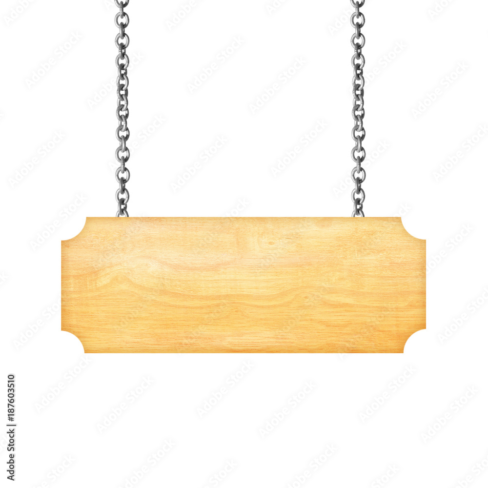 Wooden sign hanging on a chain isolated on white background Wooden sign hanging on a chain isolated on white background
