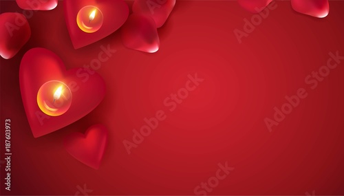 Red candles and rose petals on red background. Beautiful romantic background with place for text for Valentine day. Vetor illustration