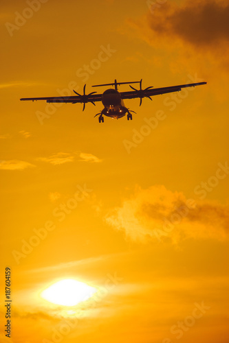 Silhouette of the plane on a sunset background.