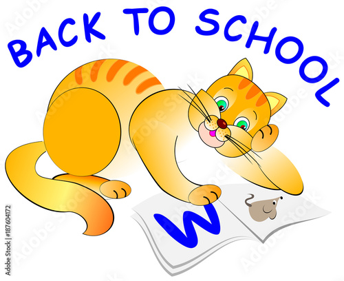 Illustration of curious kitten reading a book, vector cartoon image.