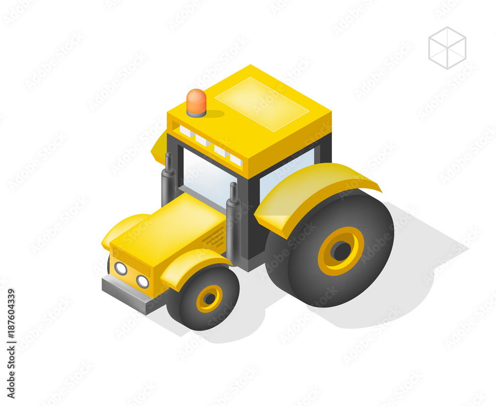 Set of Isolated Isometric Minimal City Elements . Tractor with Shadows on White Background