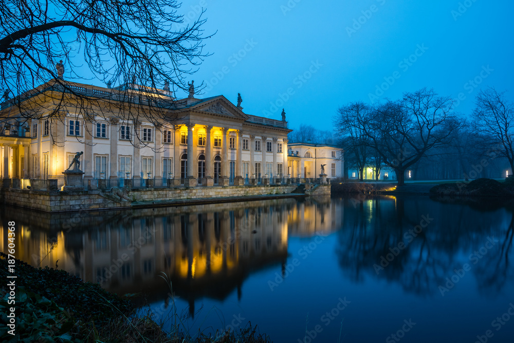 Royal Palace on the Water in Lazienki Park at night  in Warsaw, Poland