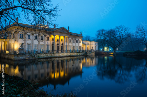 Royal Palace on the Water in Lazienki Park at night in Warsaw, Poland