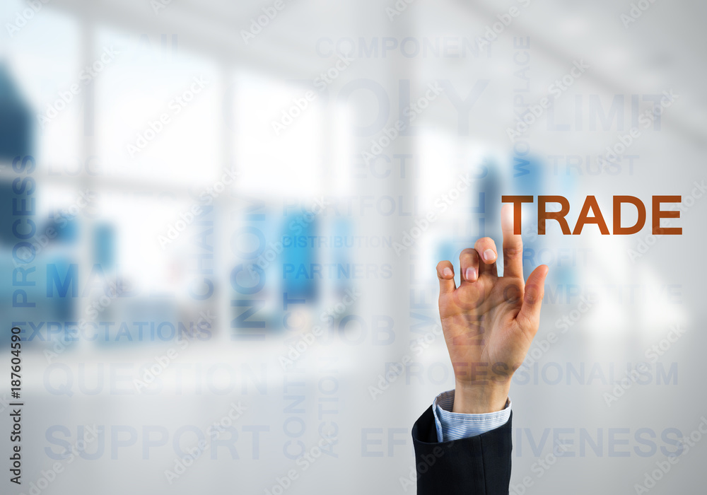 Concept of modern business with palm choocing on of keywords for success Concept of modern business with palm choocing on of keywords for success