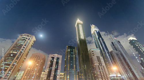 Downrtown skyline along Sheikh Zayed Road at night, Dubai