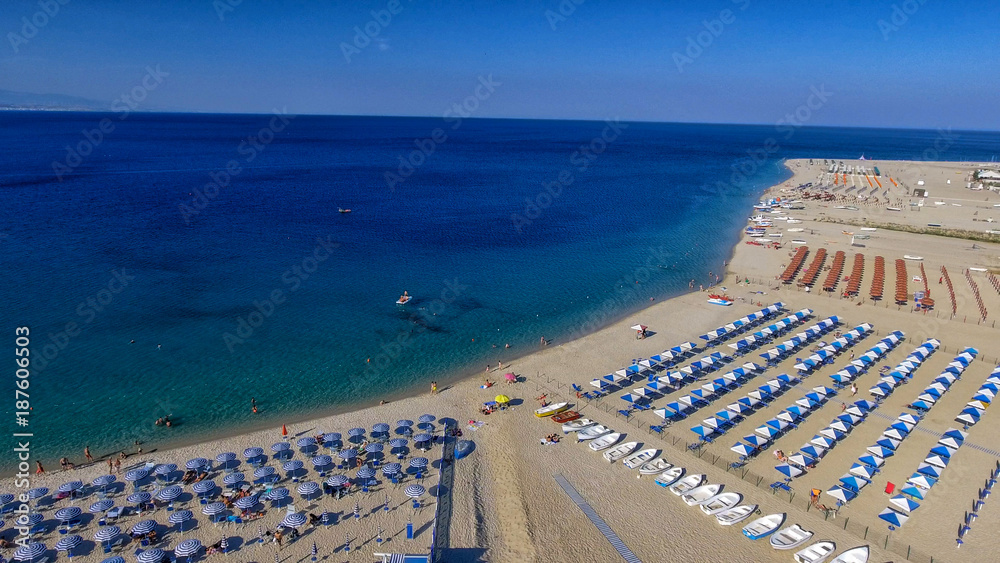 Panoramic aerial view of Soverato coastline and beaches in summer, Calabria - Italy