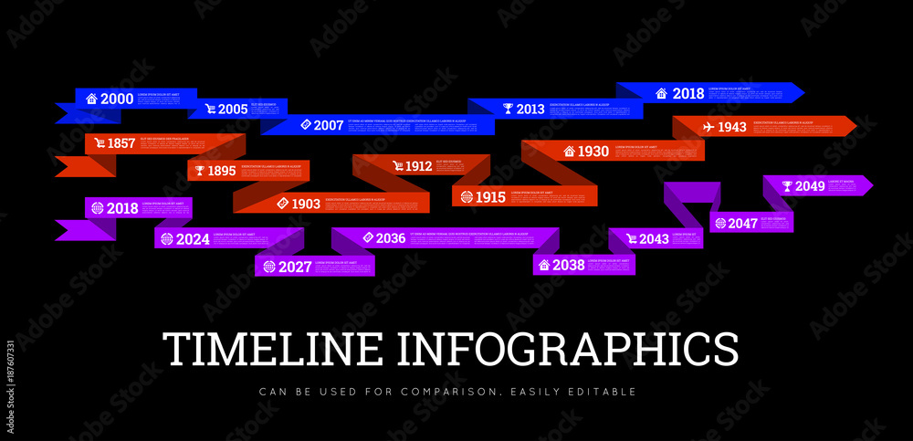 Timeline infographic vector illustration with ribbon. Can be used to compare activities or biographies Timeline infographic vector illustration with ribbon. Can be used to compare activities or biographies