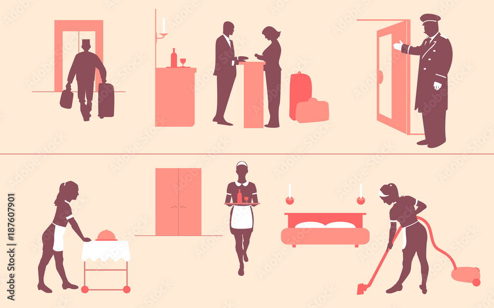 Hotel business. Room service. Reception. Doorman invites you to enter hotel. Bellboy carries suitcases to elevator. Porter serves customer. Vector illustration. Pink background. 

