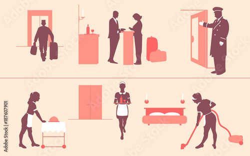 Hotel business. Room service. Reception. Doorman invites you to enter hotel. Bellboy carries suitcases to elevator. Porter serves customer. Vector illustration. Pink background. 
