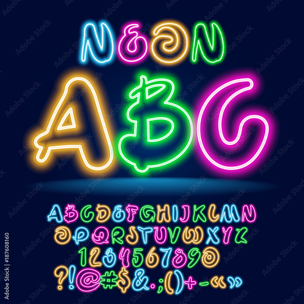 Vector Colorful Neon Children set of ABC letters. Light Set of bright ...