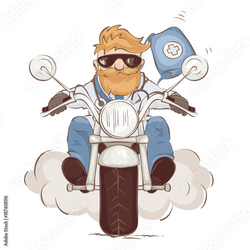 The doctor hurries to the rescue / A man on a motorcycle in the uniform of a doctor, vector illustration
