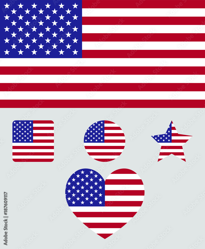 Flag of the Unated States of America vector illustration. The color and size of the original USA flag. Colored in flag colors shapes: square, circle, heart, star Flag of the Unated States of America vector illustration. The color and size of the original USA flag. Colored in flag colors shapes: square, circle, heart, star