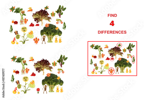 Cartoon figures of vegetables and fruits,  illustration of Educational Counting Task for Preschool Children..