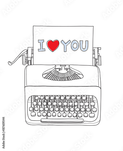 typewriter i love you portable retro hand drawn vector art illustration