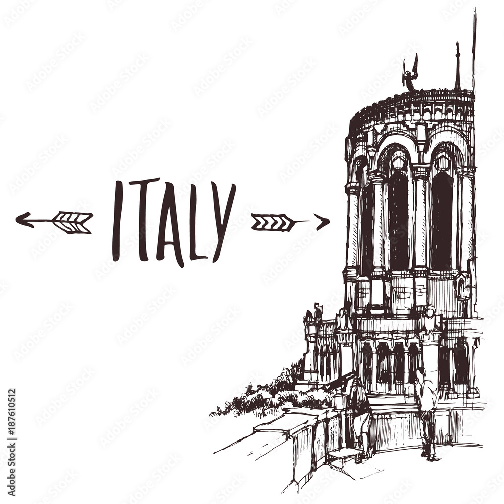 Hand drawn Basilica, minor basilica in Lyon urban sketch. Hand-drawn book illustration, touristic postcard or poster template in vector