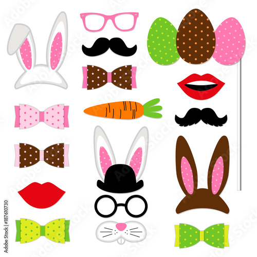 Cute Easter photo booth props as set of party graphic elements of easter bunny costume as mask, ears, eggs, carrot etc