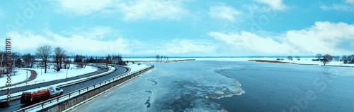 Roads and river in winter, Winter panoramic landscape