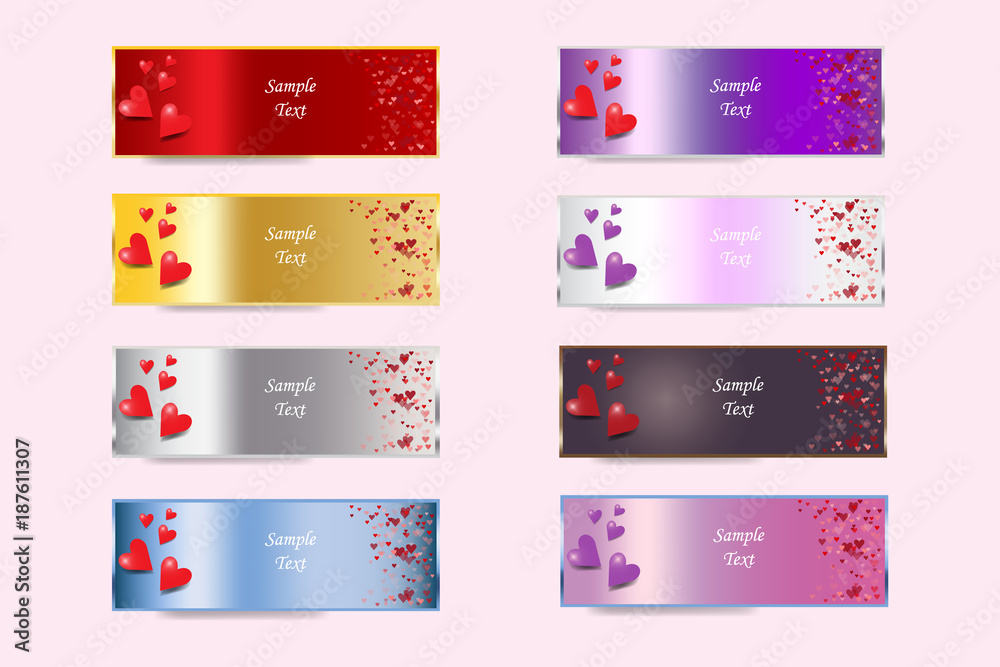 Set of colorful metal banners of Valentine's Day or wedding day with hearts and free place for your text