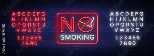No smoking vector neon sign. Bright symbol, icon, luminous warning sign of smoking in an unauthorized place. Editing text neon sign. Neon alphabet