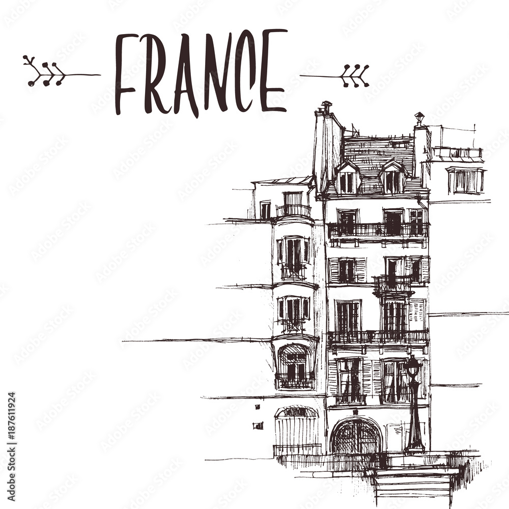 Hand drawn Paris house, townhouse urban sketch. Hand-drawn book illustration, touristic postcard or poster template in vector