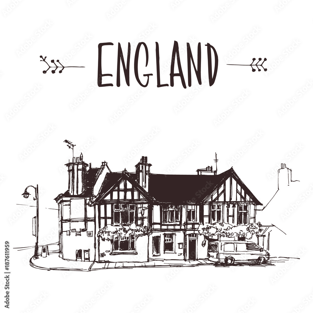 Hand drawn English house, townhouse urban sketch