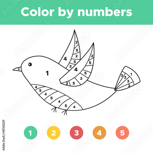 Coloring page with bird. Color by numbers for preschool and school kids. Worksheet for education. Vector illustration.