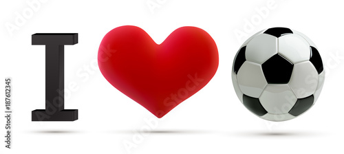 Soccer or football Vector Ball and red heart. Realistic soccer ball with love heart in 3d Style. Football love banner