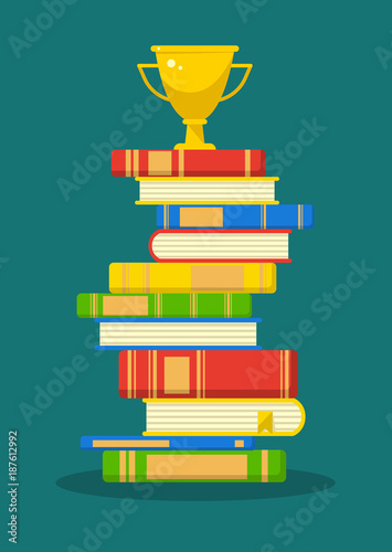 Stack of books with golden cup on teal background. Education vector illustration.