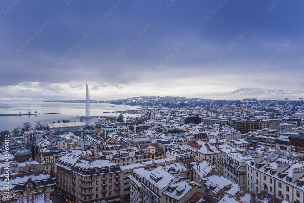 Geneva Old Town in winter with snow