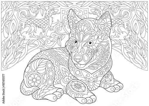 Fototapeta Naklejka Na Ścianę i Meble -  Coloring Page. Adult Coloring Book. Siberian Husky Puppy (Alaskan malamute). Coat of arms with two Heraldic Dogs. Freehand sketch drawing with doodle and zentangle elements.