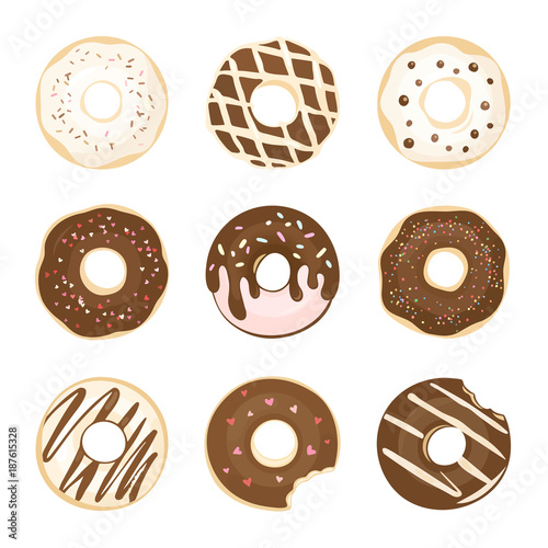 Set of color hand drawn chocolate donuts in modern flat style. Donut isolated on white for your design