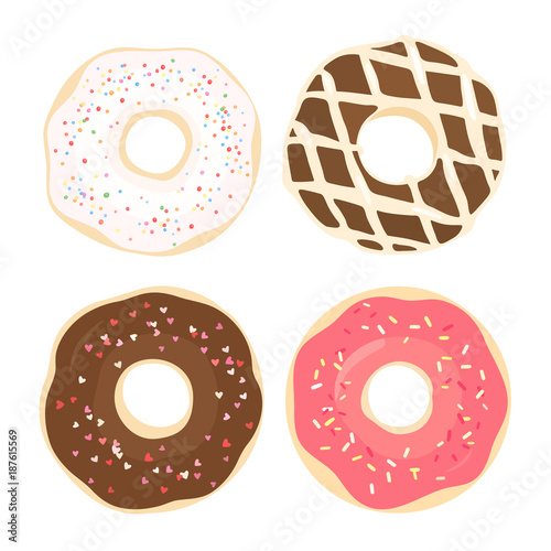 Set of 4 color hand drawn donuts in modern flat style. Donut isolated for your design