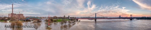 Aerial view of the skyline of the city of Duisburg during the Flooding of January 2018