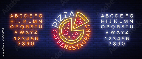 Pizza logo in neon style. Neon sign, emblem on Italian food. Pizza cafe, restaurant, fast food, dining room, pizzeria. Night shining pizza advertisement. Vector illustration. Editing text neon sign