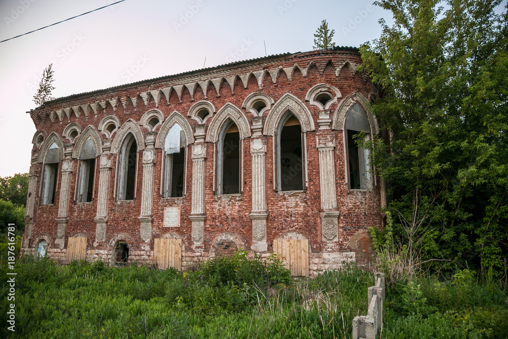 Old Abandoned mansion of Postnikov in gothic style. Sasovo, Ryazan region, Russia