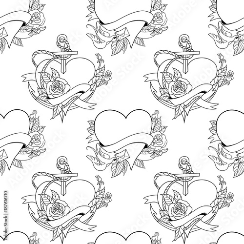 Seamless pattern with hearts in old school tattoo style. Valentines Day Romantic image on white background