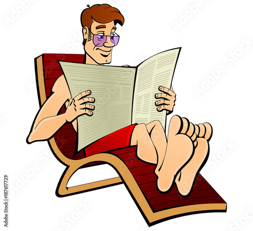 Tourist sunbathes in a deckchair and reads the newspaper. 
