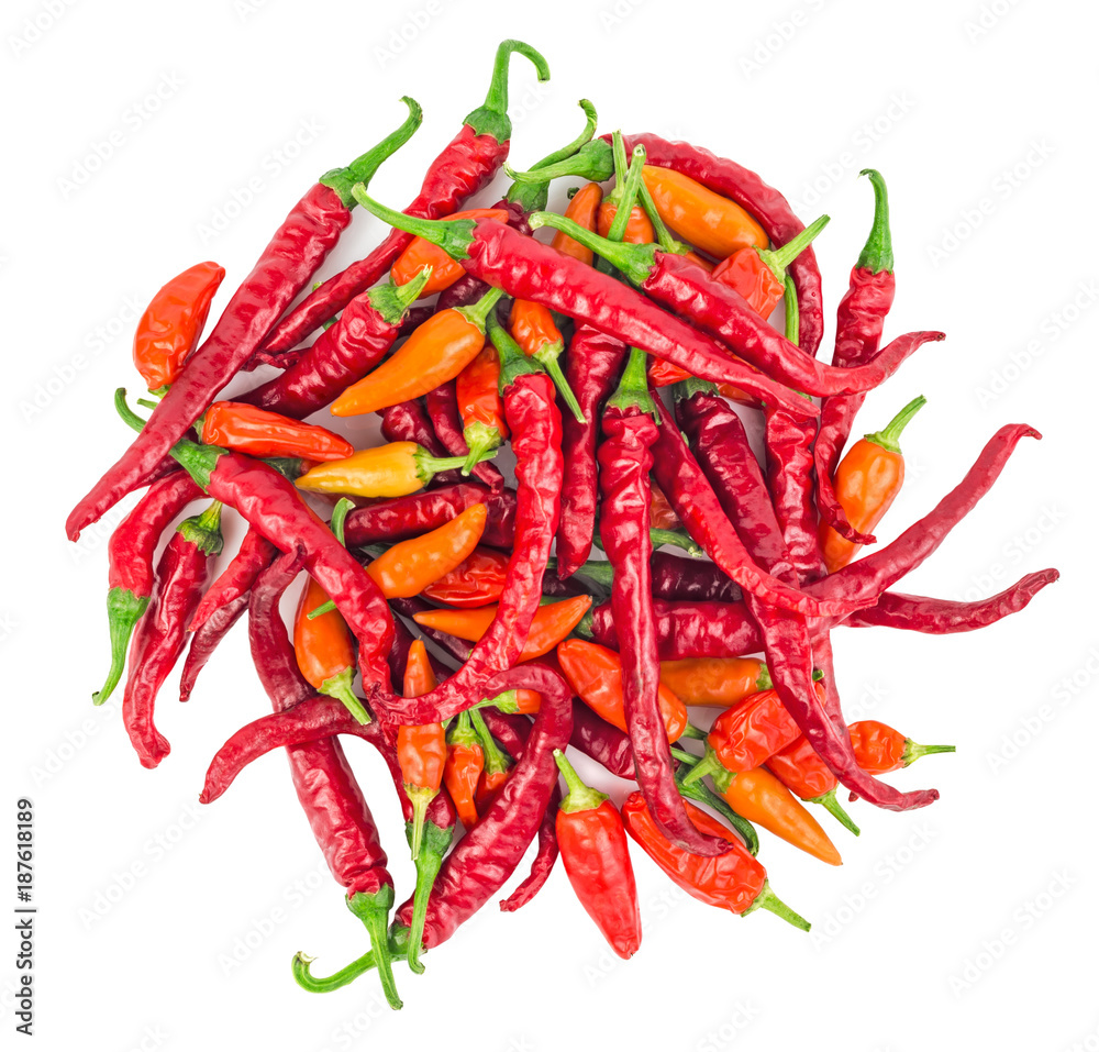 Red chili peppers isolated top view Red chili peppers isolated top view