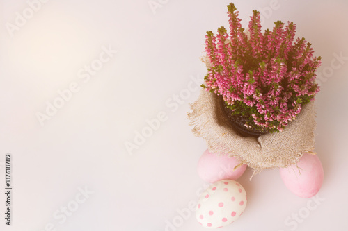 Easter background with Easter eggs and Heather flowers blossom Easter Bunny Close up